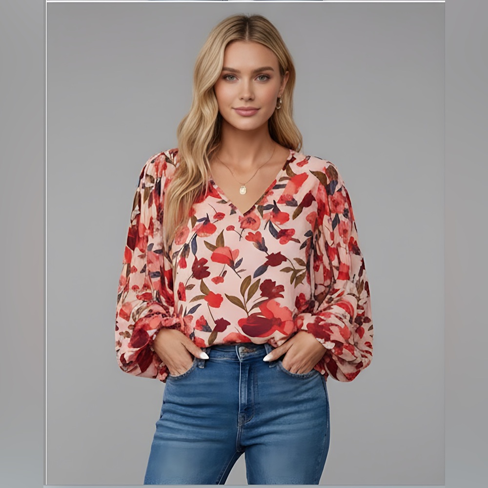 Rose Floral Print Lantern Sleeve Blouse - Picture 2 of 8